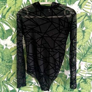 Sheer geometric velvet mock neck bodysuit